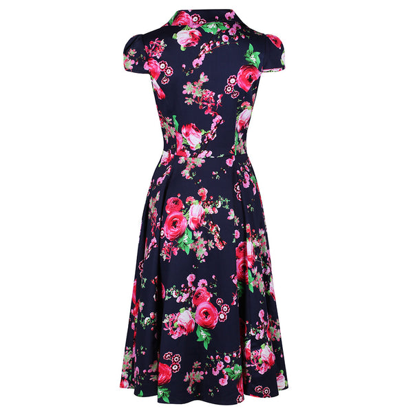 Classic Navy Blue and Floral Print Pin Up 50s Swing Tea Dress - Pretty ...