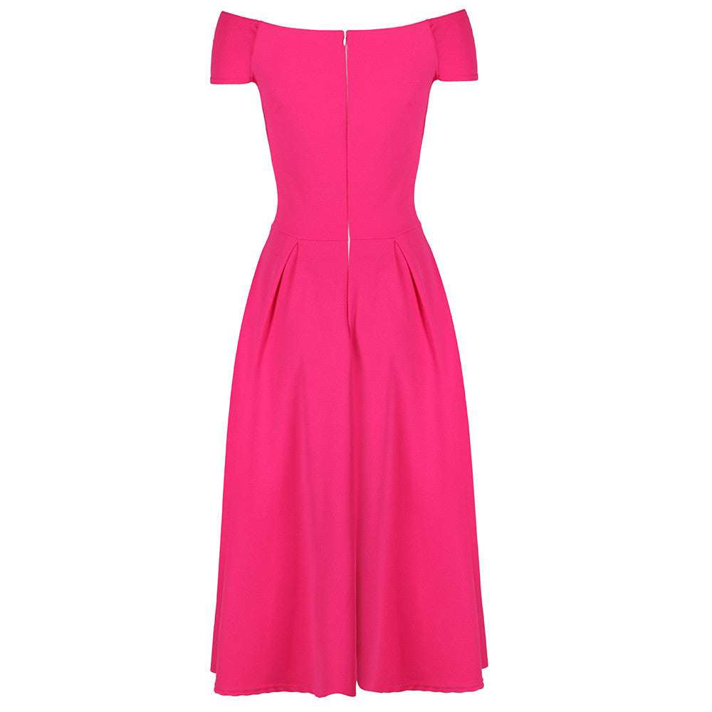 Hot Pink Crossover Bardot 50s Swing Dress - Pretty Kitty Fashion