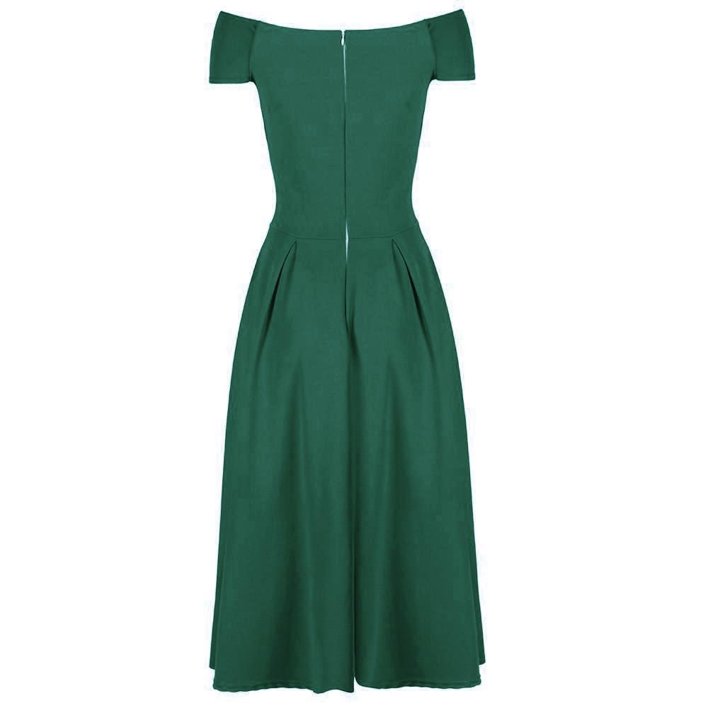 Emerald Green Crossover Bardot 50s Swing Dress - Pretty Kitty Fashion