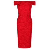 Red Lace Bardot Wiggle Pencil Dress - Pretty Kitty Fashion