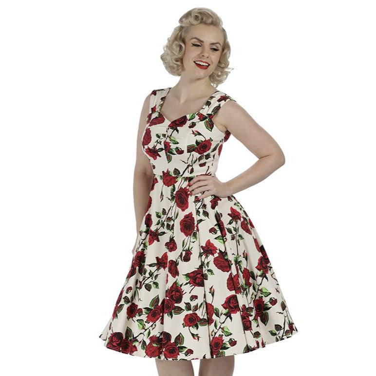 Ivory White and Red Rose Vintage Rockabilly Swing Dress - Pretty Kitty Fashion