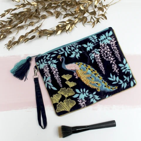 Navy Velvet Embroidered Peacock Clutch Bag