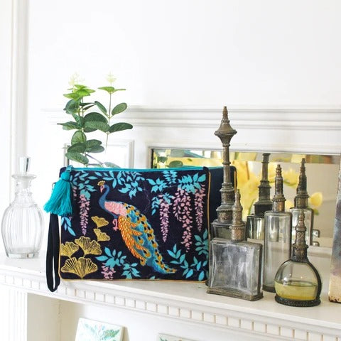 Navy Velvet Embroidered Peacock Clutch Bag