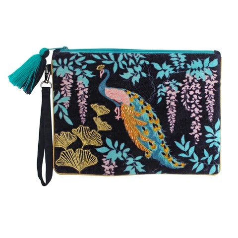 Navy Velvet Embroidered Peacock Clutch Bag