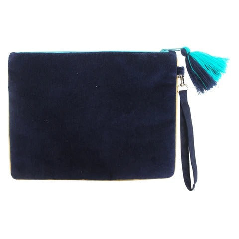 Navy Velvet Embroidered Peacock Clutch Bag