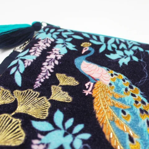 Navy Velvet Embroidered Peacock Clutch Bag