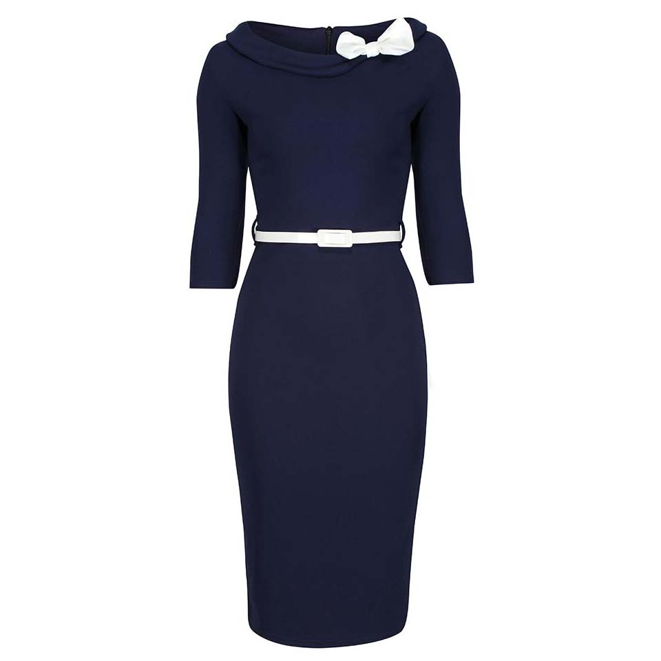 Navy Blue Cream Belted Bow Nautical Pencil Dress - Pretty Kitty Fashion