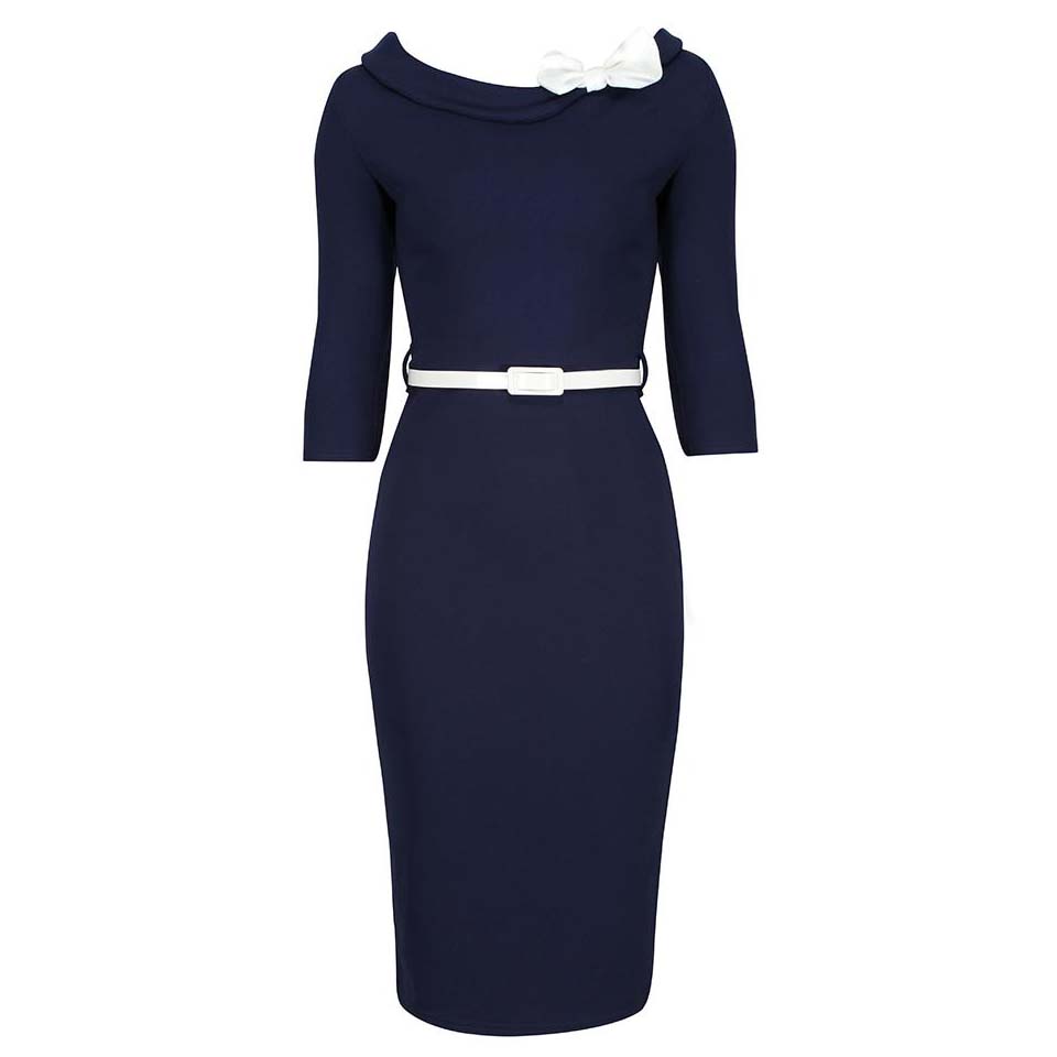 Navy Blue Cream Belted Bow Nautical Pencil Dress