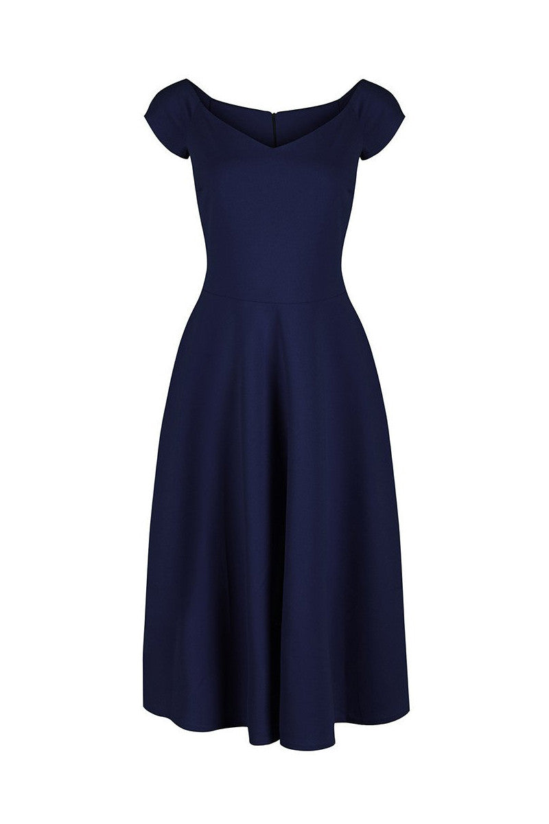 Navy Blue Cap Sleeve V Neck 50s Swing Dress - Pretty Kitty Fashion