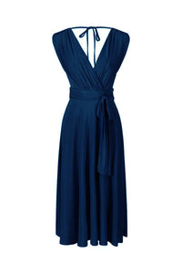 Navy Blue Crossover Top V Neck Tie Waist Cocktail Dress – Pretty Kitty ...