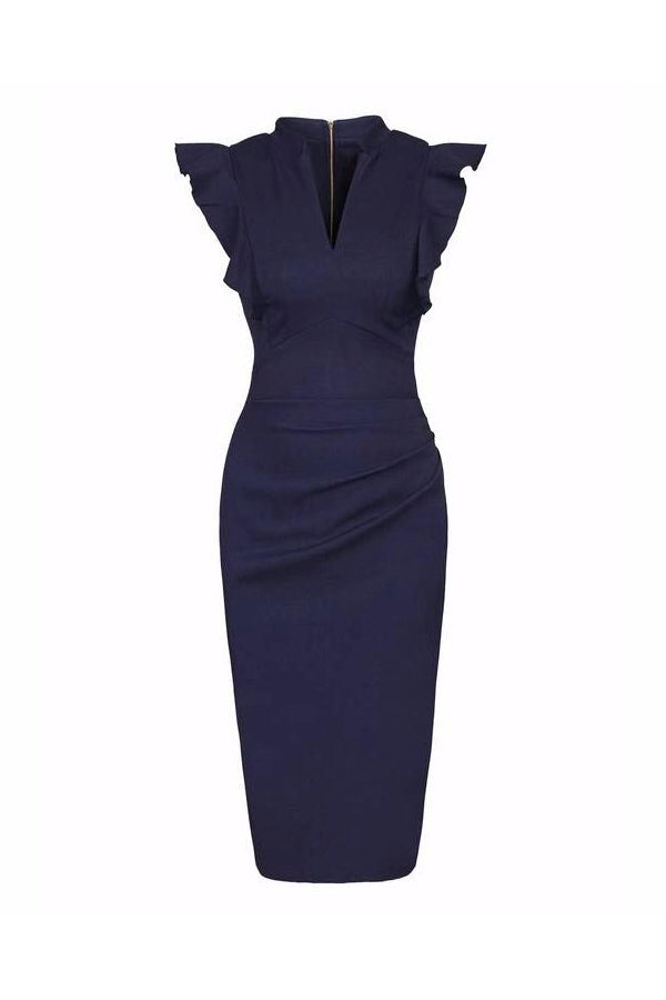 Navy Blue Ruffle Shoulder Bodycon Pencil Dress - Pretty Kitty Fashion