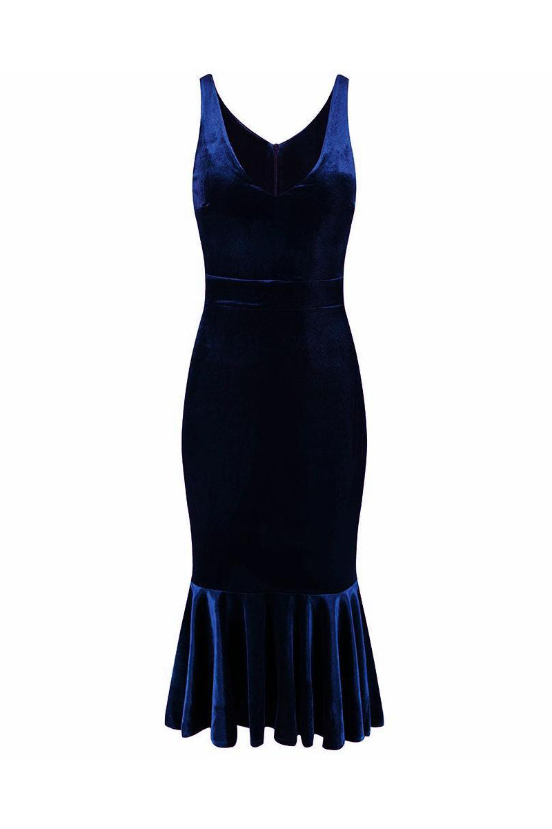 Navy Blue Velour Sleeveless Peplum Hem V Neck Wiggle Dress - Pretty Kitty Fashion