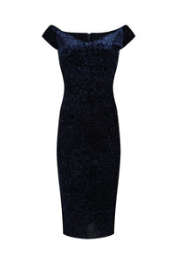 Navy Blue Vintage Animal Print Velvet Capped Sleeve Wiggle Dress - Pretty Kitty Fashion