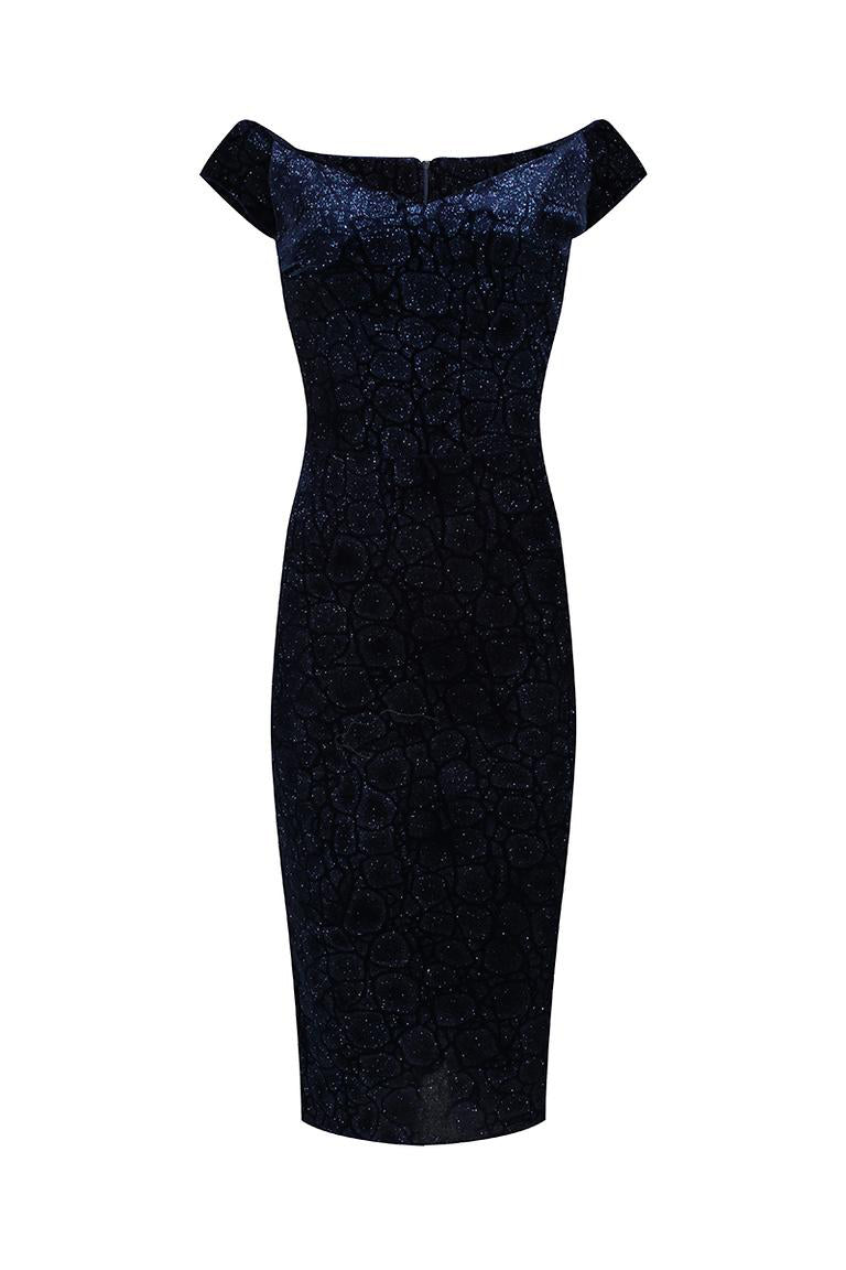 Navy Blue Vintage Animal Print Velvet Capped Sleeve Wiggle Dress ...