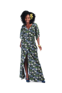 Navy Blue and Green Palm Tree Print Faux Wrap Maxi Dress - Pretty Kitty Fashion