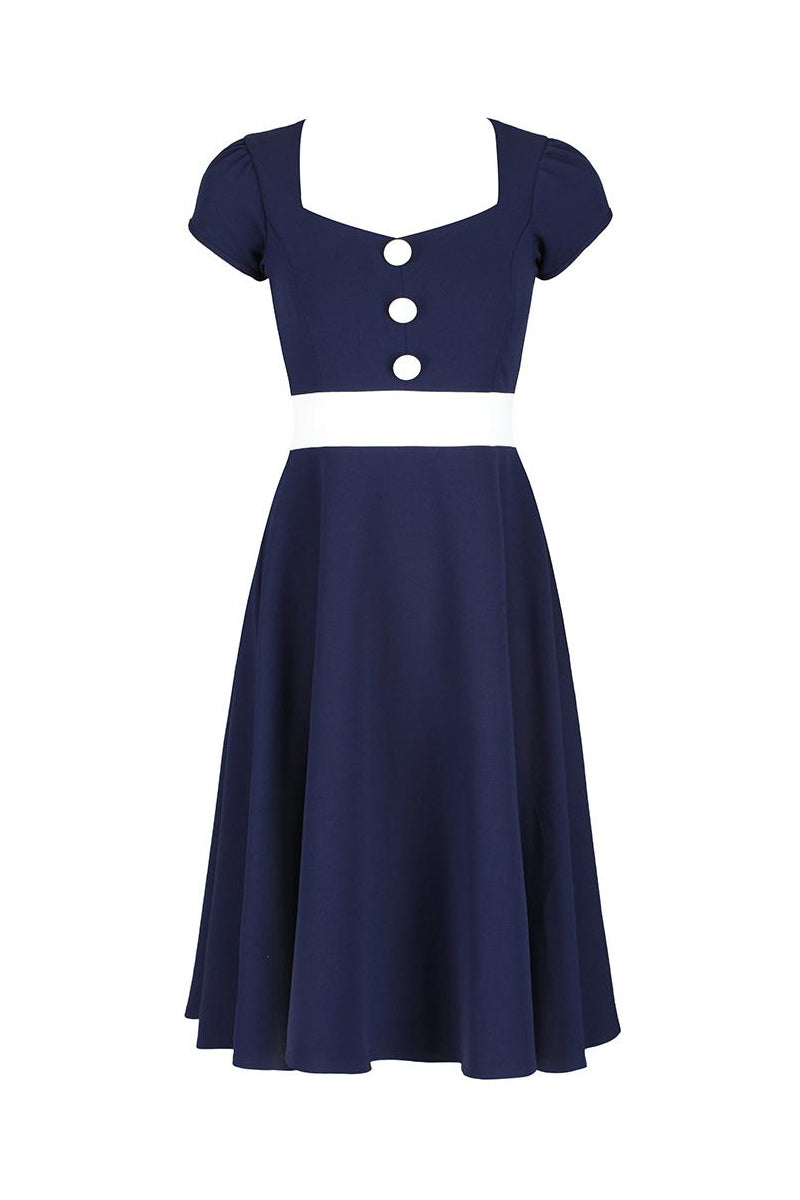 Navy Blue and White Nautical Inspired Rockabilly 50s Swing Dress - Pretty Kitty Fashion