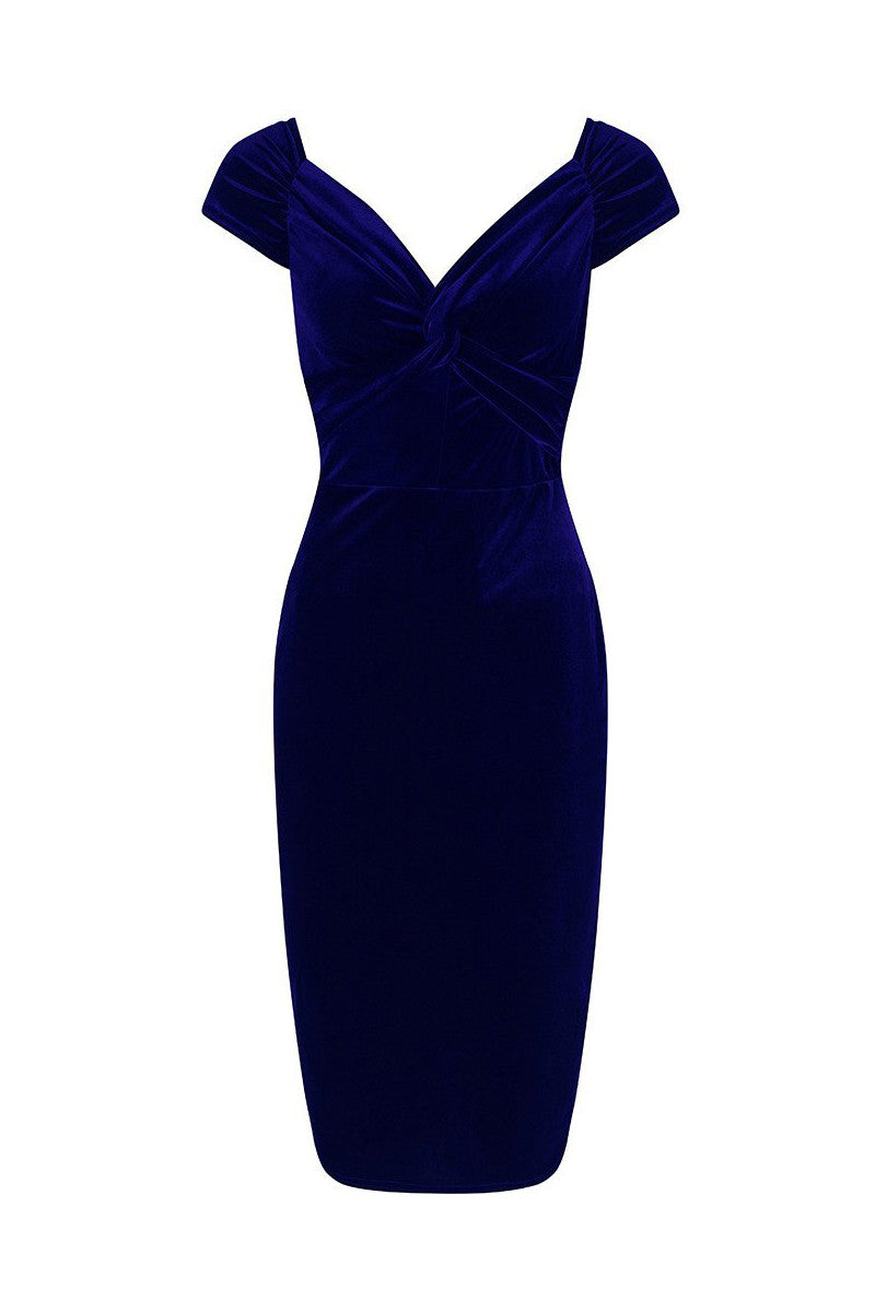 Navy Blue Vintage 40s Style Velour Crossover Bust Wiggle Dress – Pretty ...