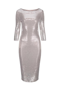 Nude Pink & Silver Sequin 3/4 Sleeve Bodycon Pencil Wiggle Party Dress - Pretty Kitty Fashion