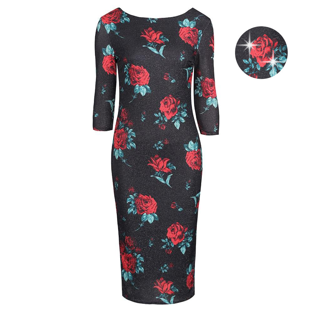 Black and Red Rose Print 1940s Sparkle Bodycon Pencil Wiggle Party Dress - Pretty Kitty Fashion