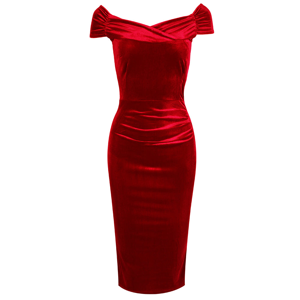 Red Velour Cap Sleeve Crossover Top Bardot Wiggle Dress - Pretty Kitty Fashion