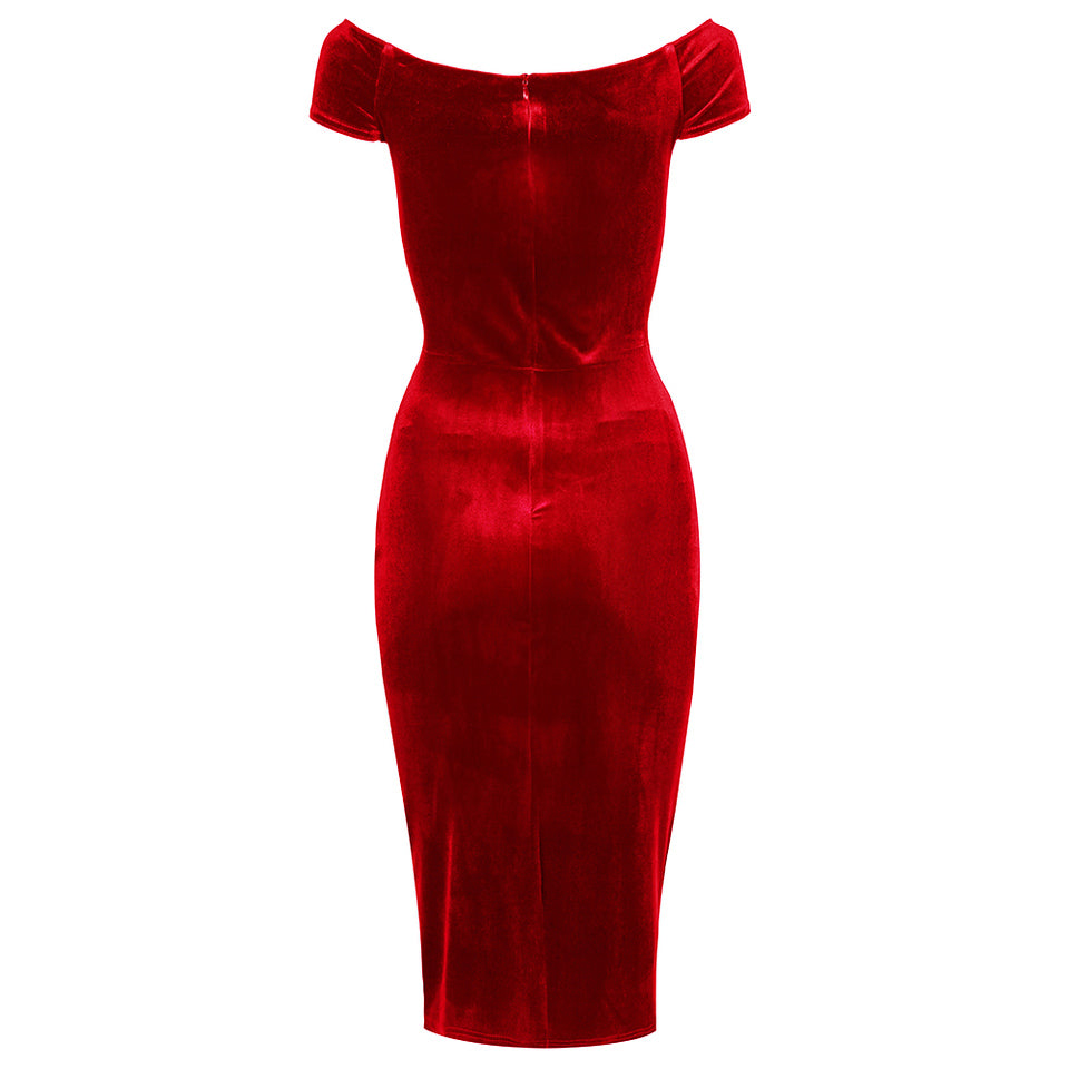 Red Velour Cap Sleeve Crossover Top Bardot Wiggle Dress - Pretty Kitty Fashion