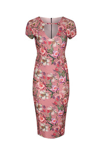 Pale Pink Floral Print Capped Sleeve Wiggle Pencil Dress - Pretty Kitty Fashion