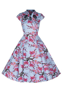 Sky Blue and Pink Floral Print 50s Swing Dress - Pretty Kitty Fashion