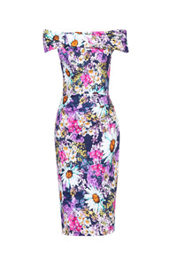Purple Multi Floral Print Bardot Off The Shoulder Wiggle Pencil Dress - Pretty Kitty Fashion