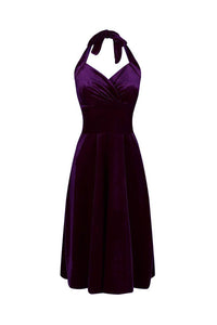 Purple Velour Halterneck Empire Waist 50s Swing Dress - Pretty Kitty Fashion