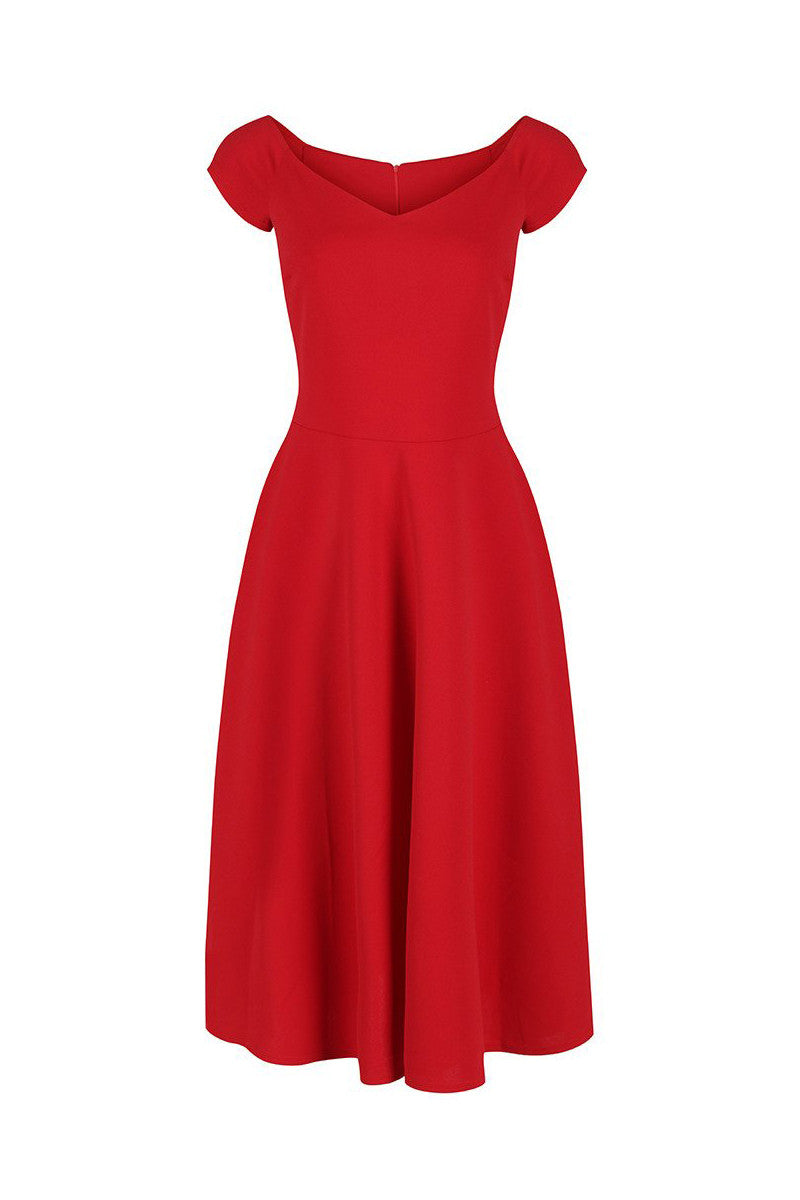 Red Vintage Cap Sleeve V Neck 50s Swing Dress - Pretty Kitty Fashion