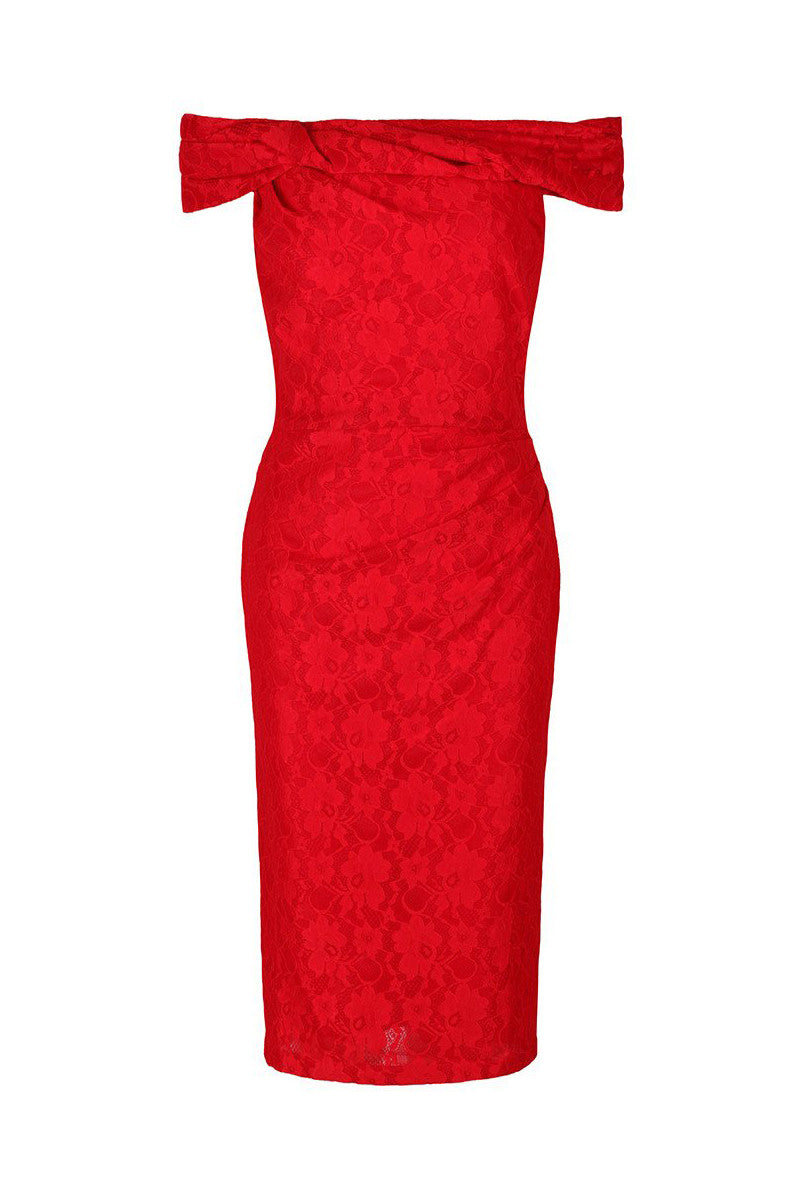 Red Lace Bardot Wiggle Pencil Dress Pretty Kitty Fashion