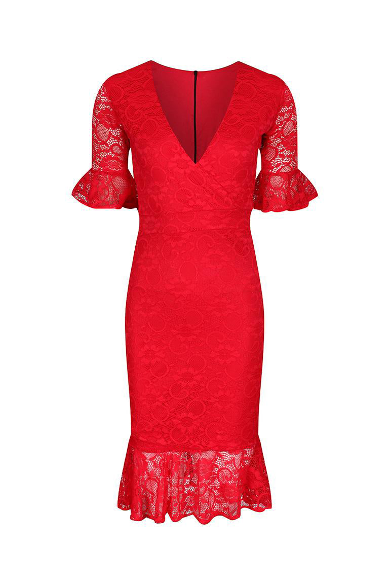 Red Lace Half Sleeve Fishtail Peplum Hem Bodycon Pencil Dress Pretty Kitty Fashion