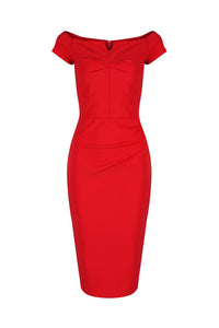 Red Notch Neck Cap Sleeve Bodycon Pencil Dress - Pretty Kitty Fashion