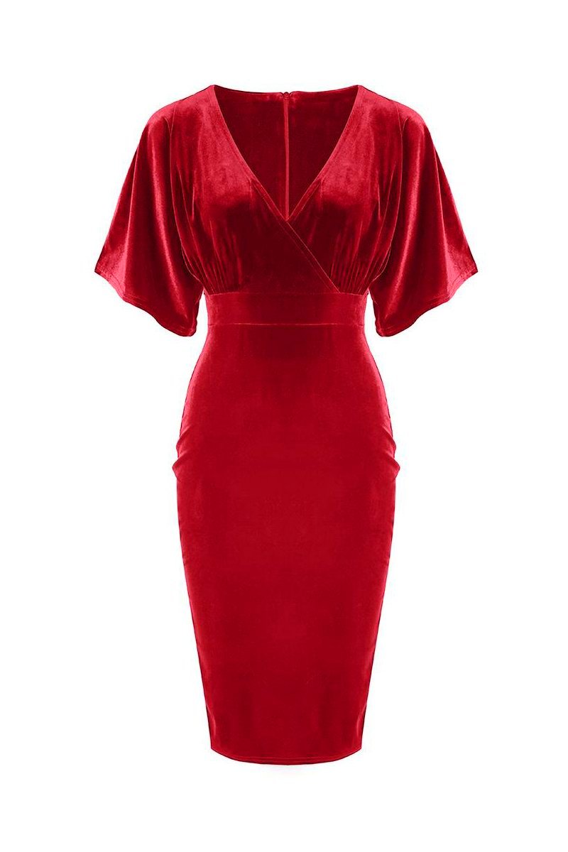 Red Velour Half Batwing Sleeve Crossover Top Wiggle Dress - Pretty Kitty Fashion
