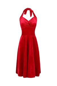 Red Velour Halterneck Empire Waist 50s Swing Dress - Pretty Kitty Fashion
