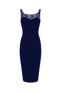 Royal Blue Velour and Lace Trim Sleeveless Wiggle Pencil Dress - Pretty Kitty Fashion