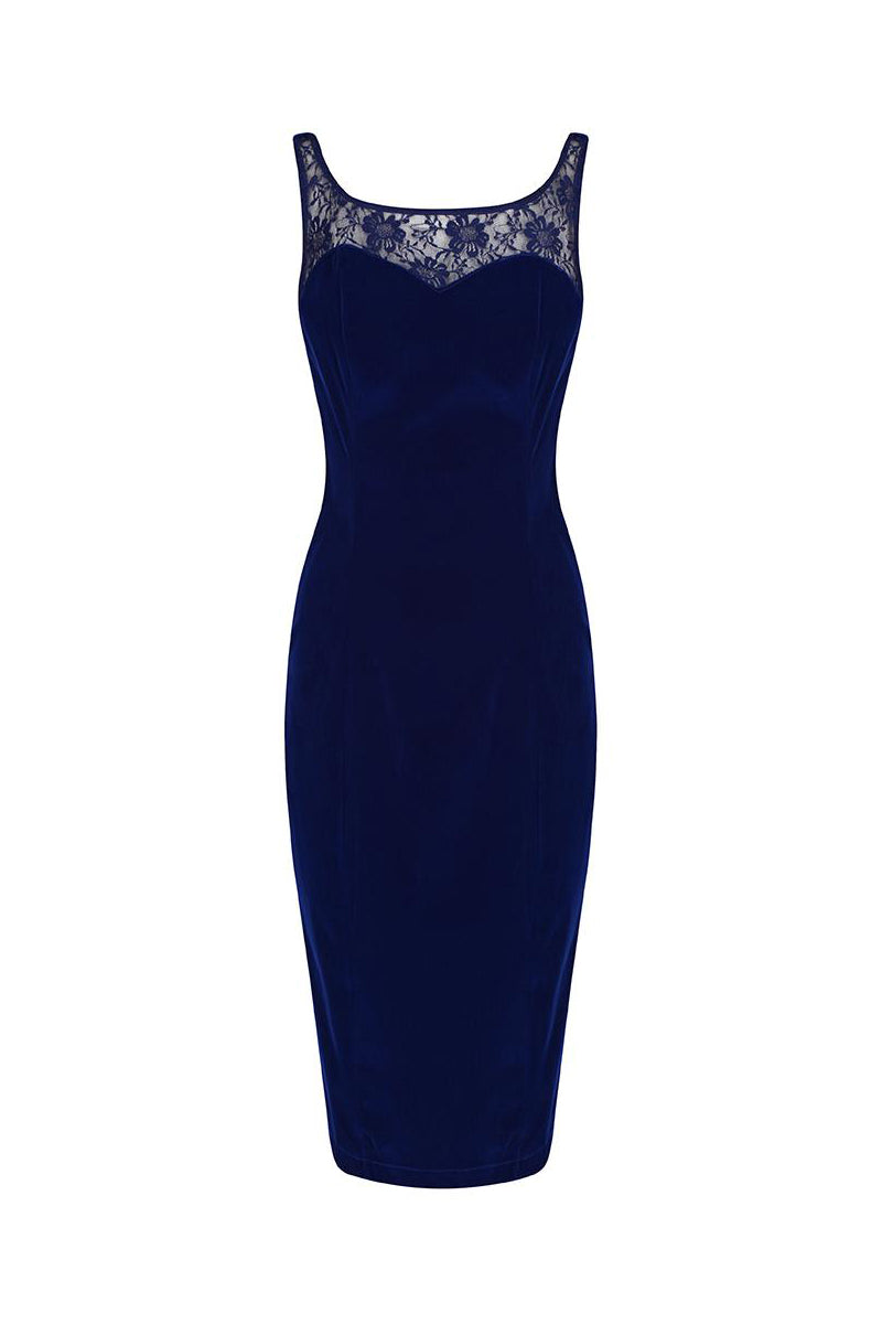 Royal Blue Velour and Lace Trim Sleeveless Wiggle Pencil Dress - Pretty Kitty Fashion