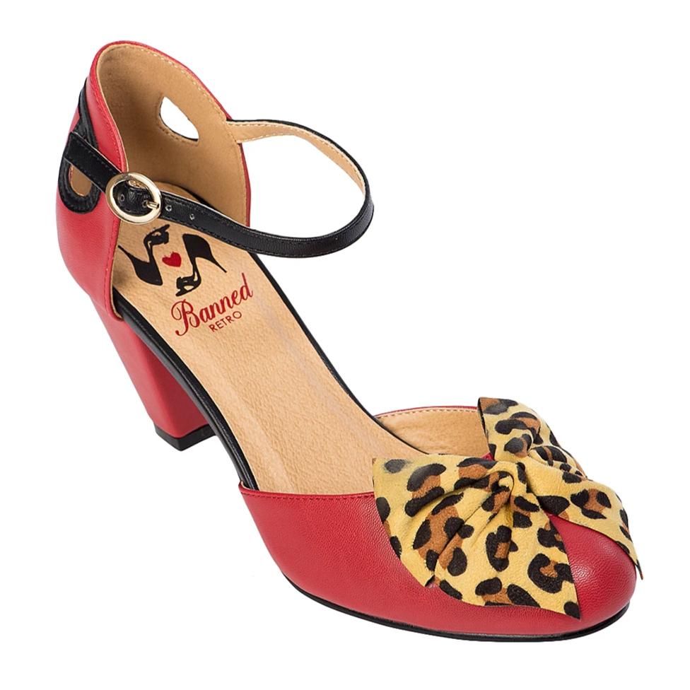Red And Leopard Print Bow Vintage Ankle Strap Heels - Pretty Kitty Fashion