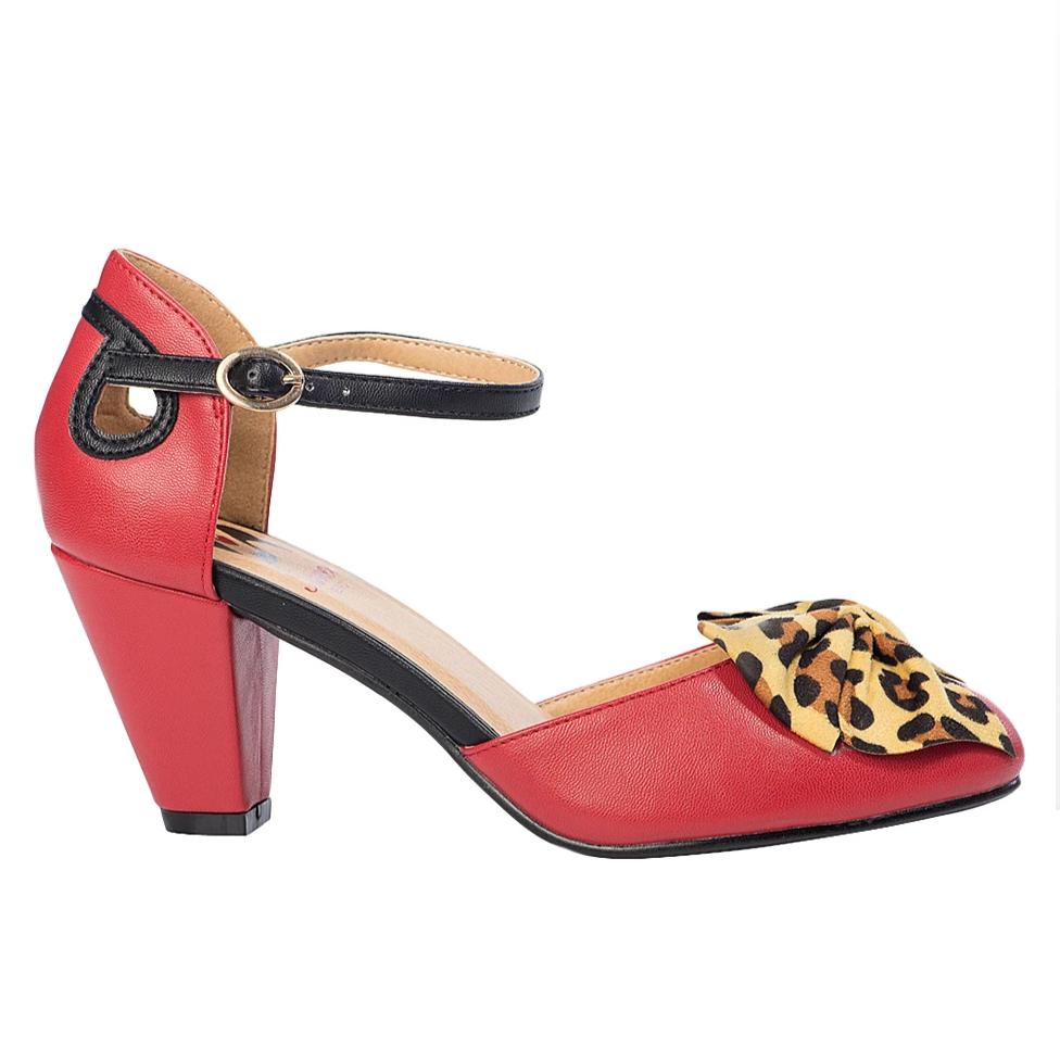 Red And Leopard Print Bow Vintage Ankle Strap Heels - Pretty Kitty Fashion