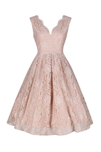 Jolie Moi Salmon Pink V Neck Sleeveless Embroidered Lace 50s Swing Dress - Pretty Kitty Fashion