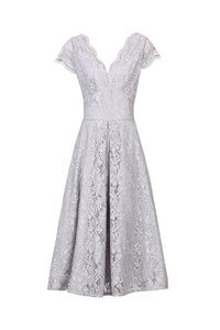 Jolie Moi Silver Grey Cap Sleeve Scallop Neck Embroidered Lace 50s Swing Dress - Pretty Kitty Fashion