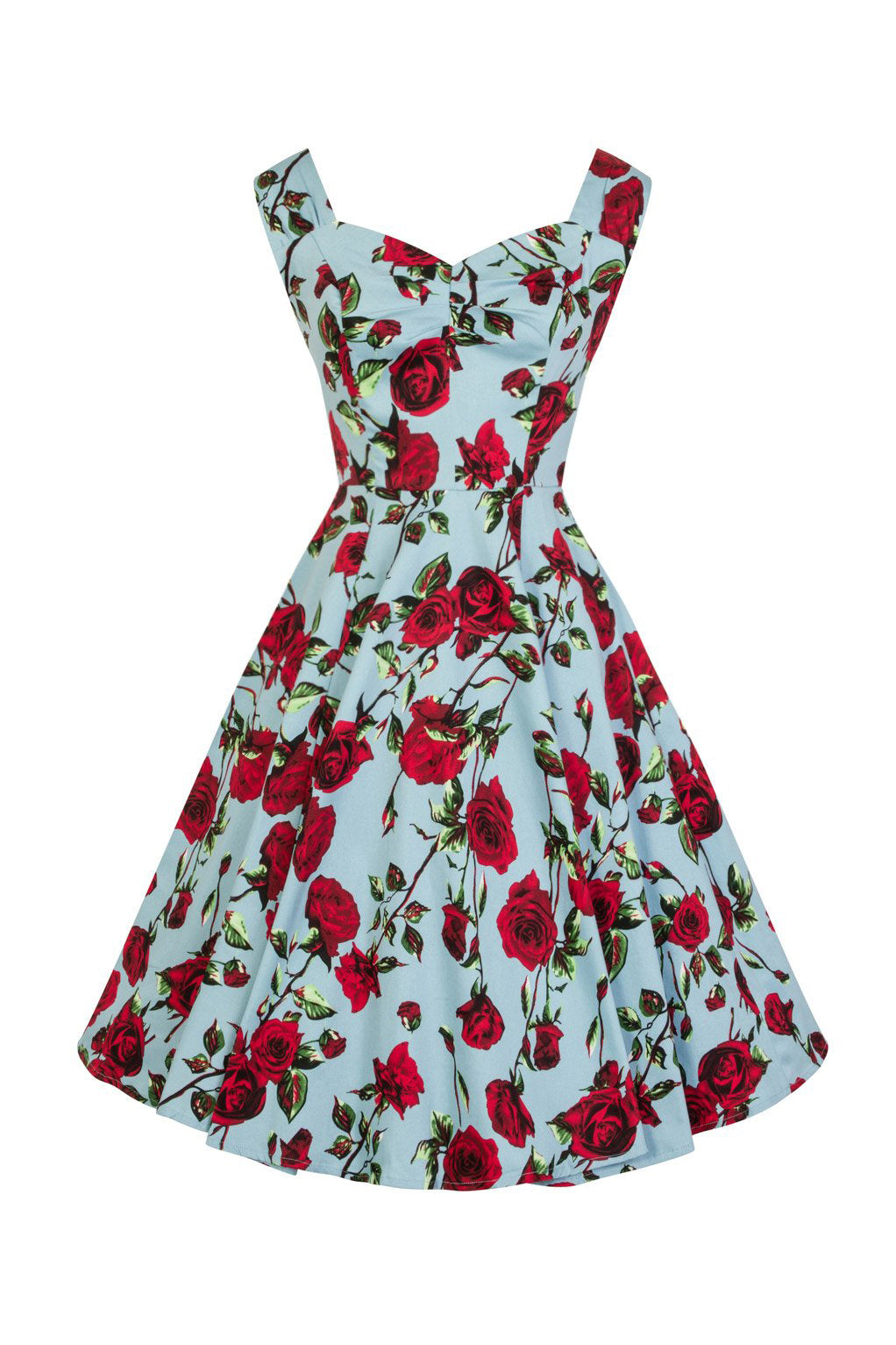 Sky Blue and Red Rose Floral Print Rockabilly 50s Swing Dress - Pretty Kitty Fashion