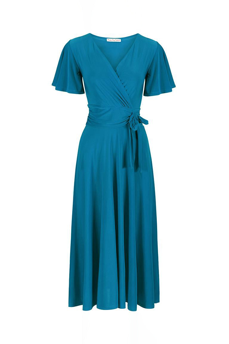 Teal Blue Cap Sleeve Crossover V Neck Wrap Top Swing Dress - Pretty Kitty Fashion