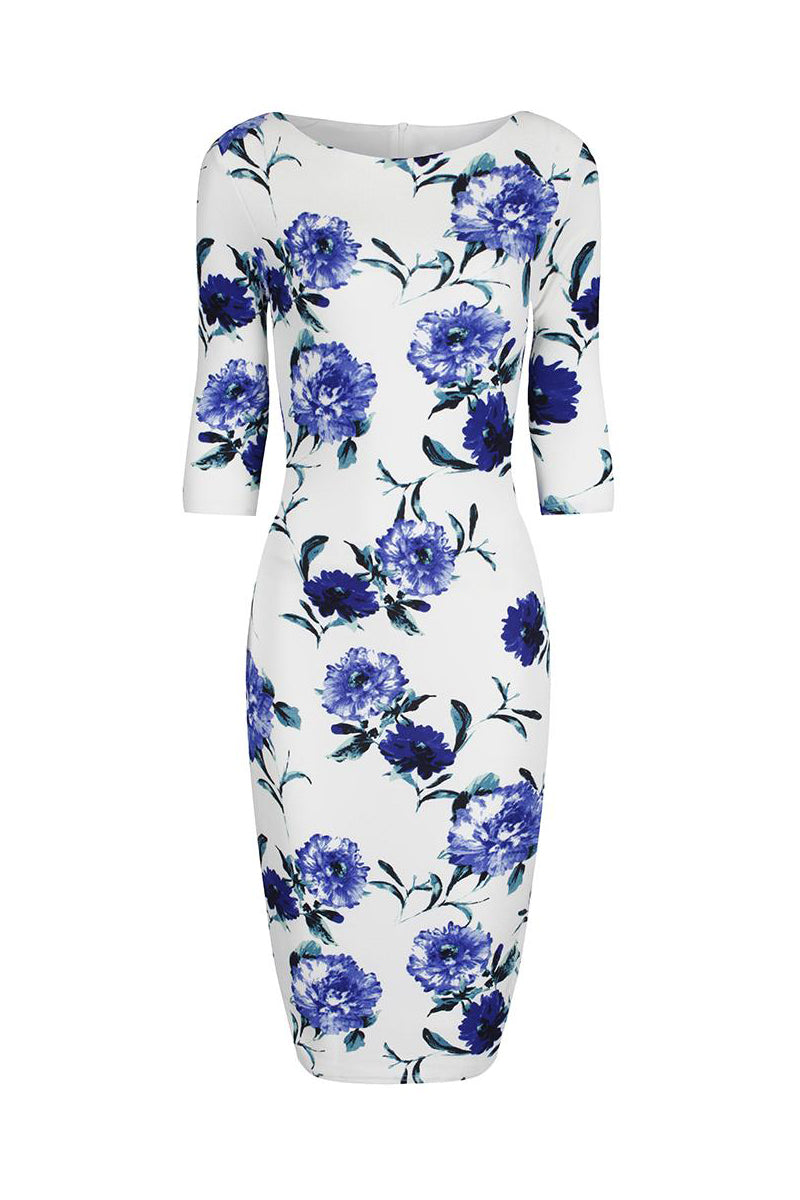 White and Blue Floral Print 3 4 Sleeve Bodycon Pencil Wiggle Dress