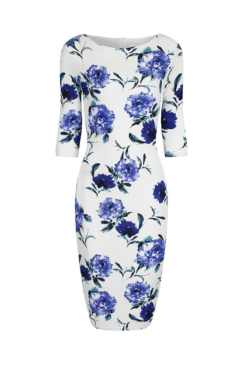 White and Blue Floral Print 3/4 Sleeve Bodycon Pencil Wiggle Dress - Pretty Kitty Fashion