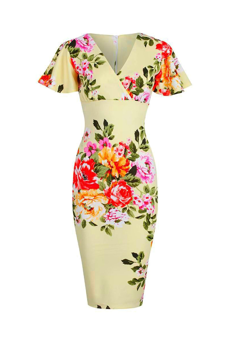 Yellow Floral Half Sleeve Deep V Neck Crossover Top Wiggle Dress - Pretty Kitty Fashion