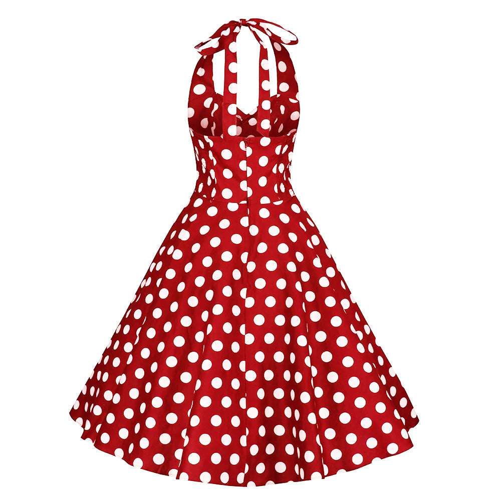 Red and White Polka 50s Halter Swing Dress - Kitty Fashion