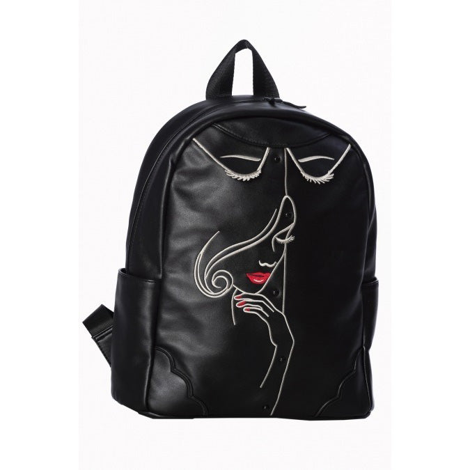 Black Backpack Bag with Embroidered Model Face Detail