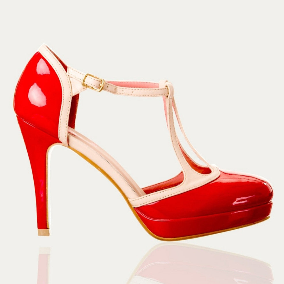 Red and Cream Platform Strappy High Heels - Pretty Kitty Fashion