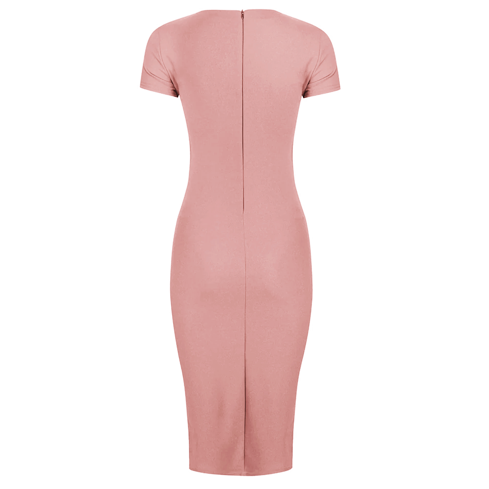Dusky Pink Short Sleeve Ruched Front Side Tie Bodycon Pencil Dress
